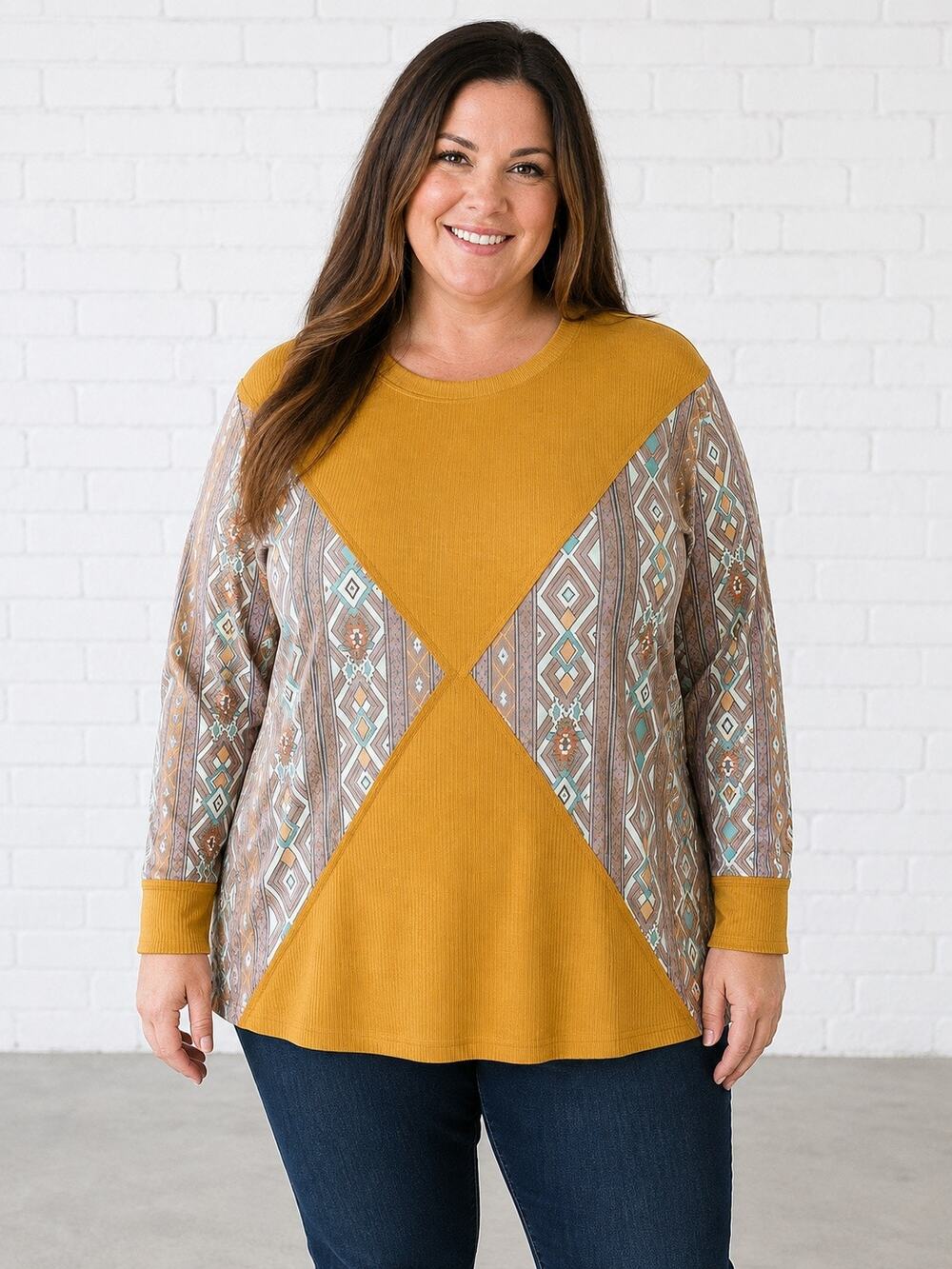 Southern Stitch Women’s 1X Mustard Aztec Colorblock Long Sleeve Top NWT